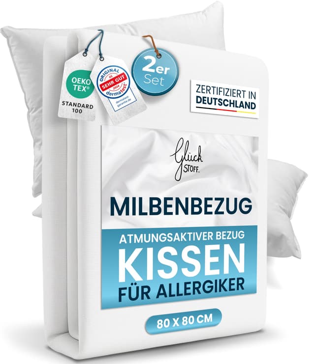 Glückstoff® 2er-Set Milbenbezug Kissen 80x80 [Zertifiziert IN Deutschland] 🌿 Premium Kissenschoner Encasing Milben 🌟