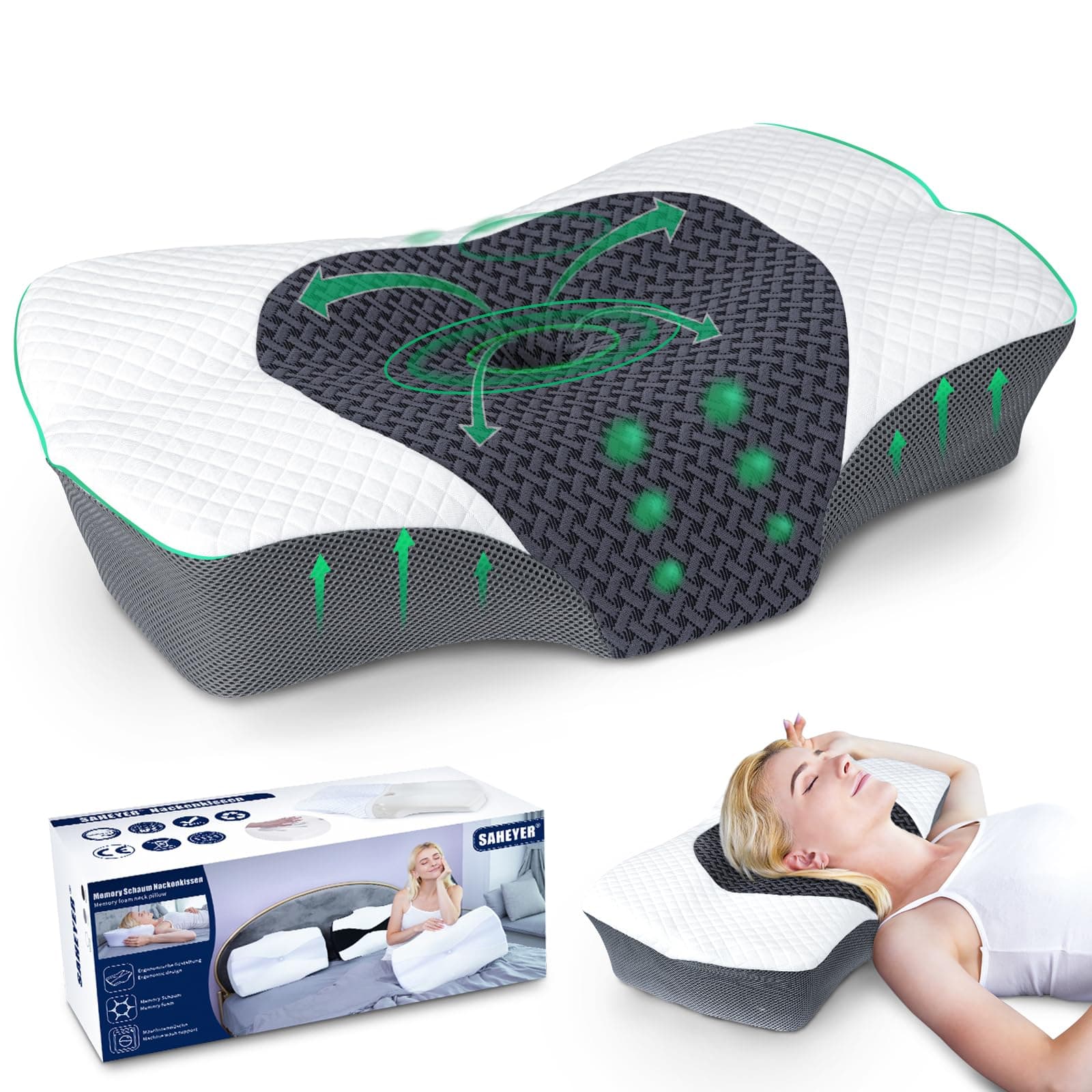 SAHEYER Ergonomisches Nackenkissen Kopfkissen - Orthopädisches Memory Foam Kissen