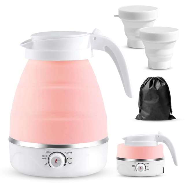 Reise Wasserkocher mit Temperatureinstellung, 600ml Reisewasserkocher Mini Wasserkocher Rosa