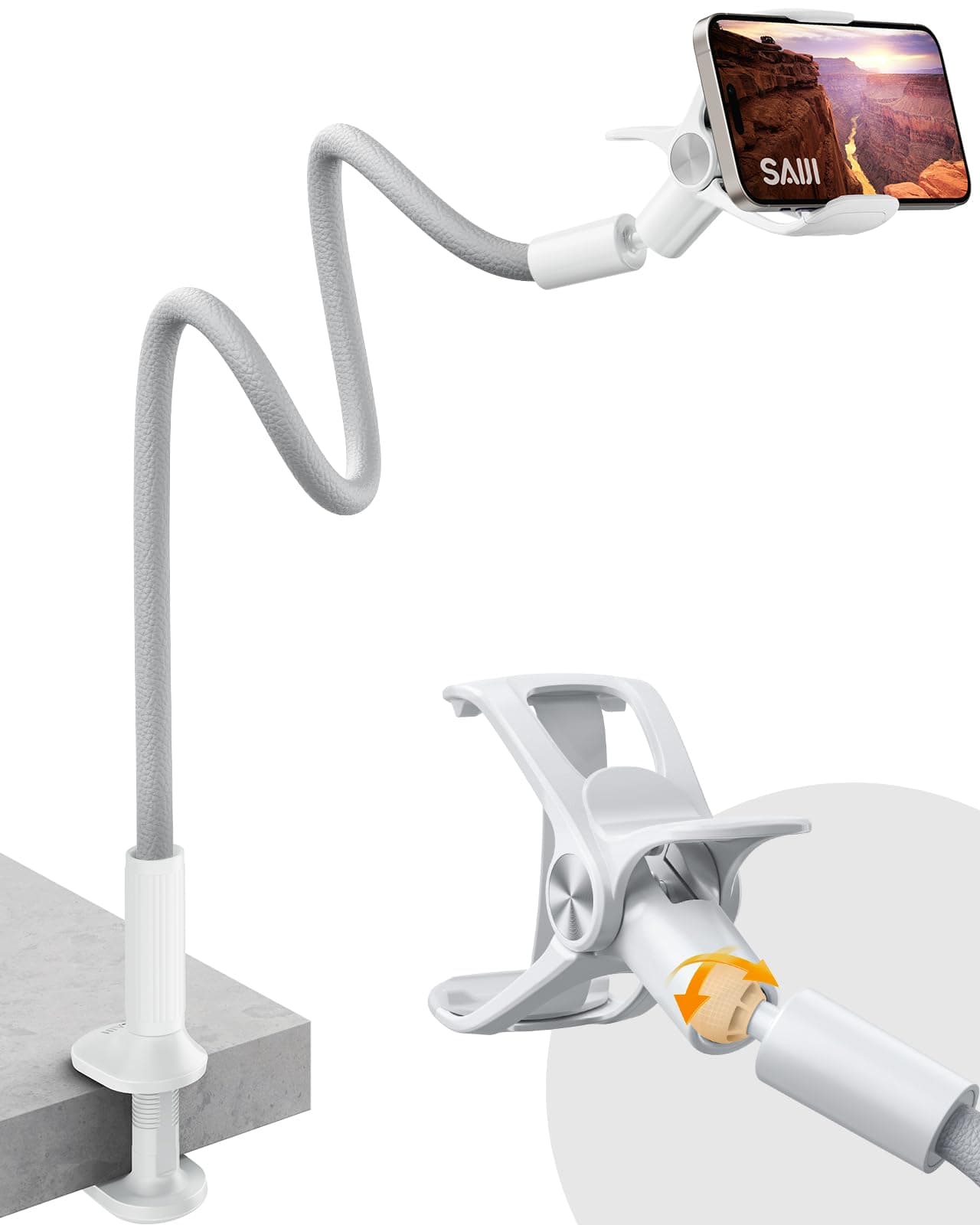 SAIJI Handy Halter für Bett | 360° Drehbare Leder Superlanger Flexible Arm Mobile Halterung