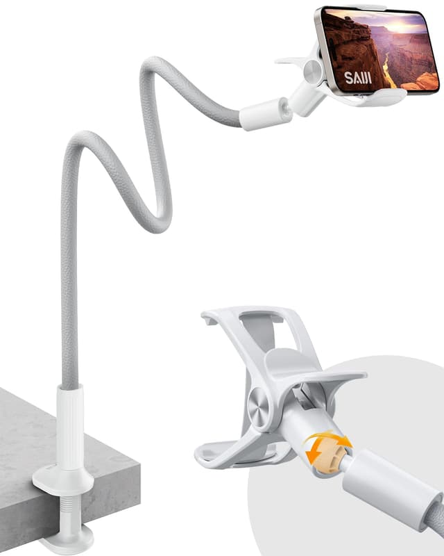 SAIJI Handy Halter für Bett | 360° Drehbare Leder Superlanger Flexible Arm Mobile Halterung