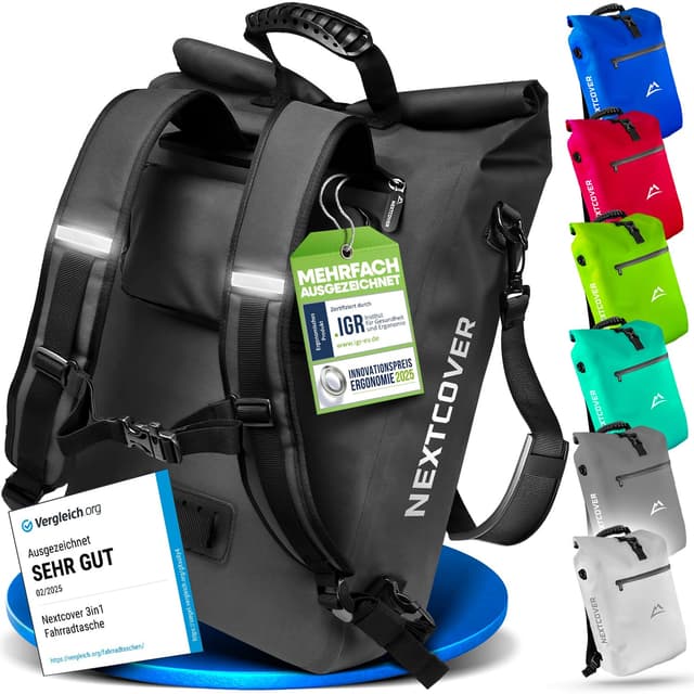 🚴‍♂️ Nextcover® NEU 3in1 Fahrradtasche für Gepäckträger - Gepäckträgertasche, Rucksack, Umhängetasche 25L Schwarz