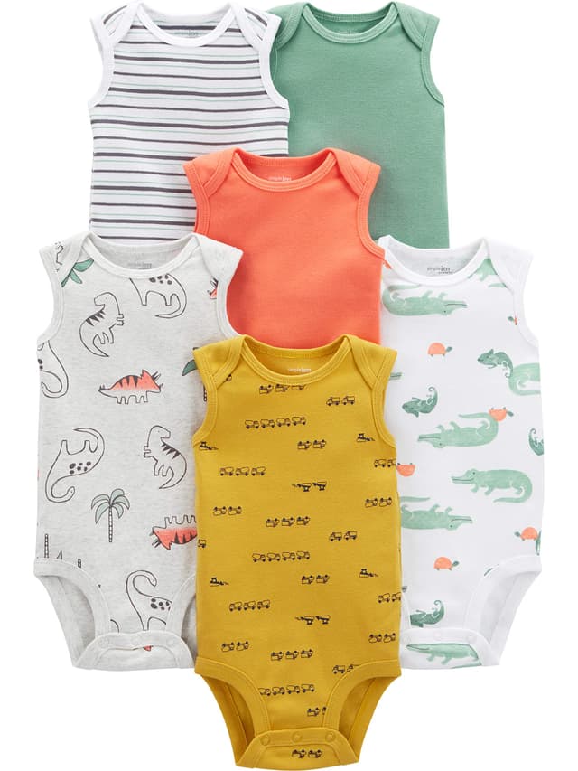 👶🦖🚚 Simple Joys by Carter's Unisex Baby Kurzarm-Body (6er Pack) 0-3 Monate Alligator/Dinosaurier/Lkws/Streifen