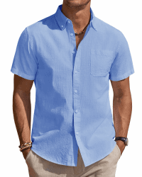 J.VER Leinenhemd Herren Kurzarm Hemd 👕 Sommer Freizeithemden Herren Casual Beach Shirts Regular Fit Männer Leinen Hemd Button Down Basic Men Shirts mit Brusttasche XL Blau