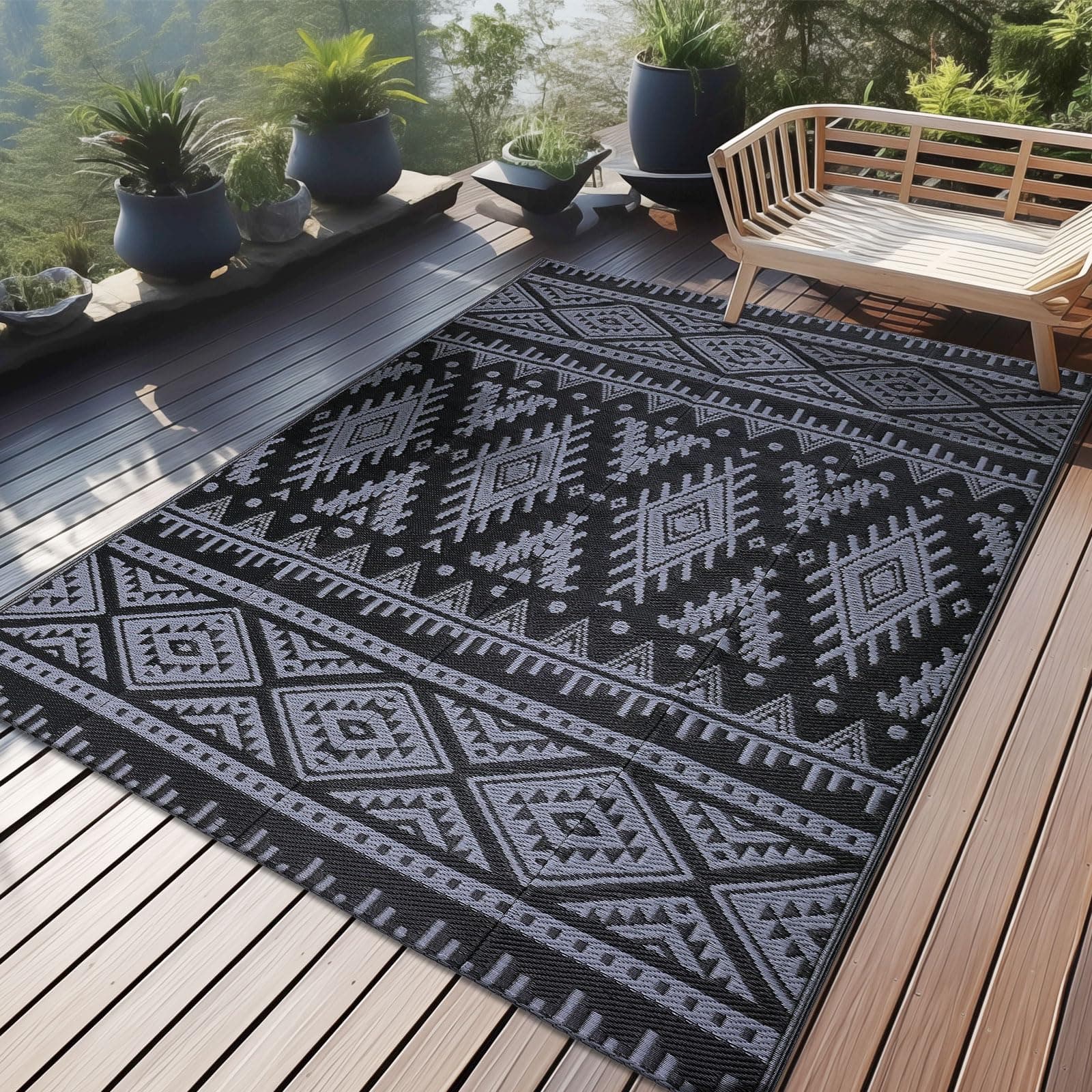 🌞 Homaxy Outdoor Teppich Wetterfest 🌿 Kunststoff Stroh Faltbar Waschbar UV-beständig Wendbar Balkon Garten Teppich für Terrasse Camping Picknick (120 x 180 cm, Schwarz & Grau) 120 x 180 cm Schwarz & Grau