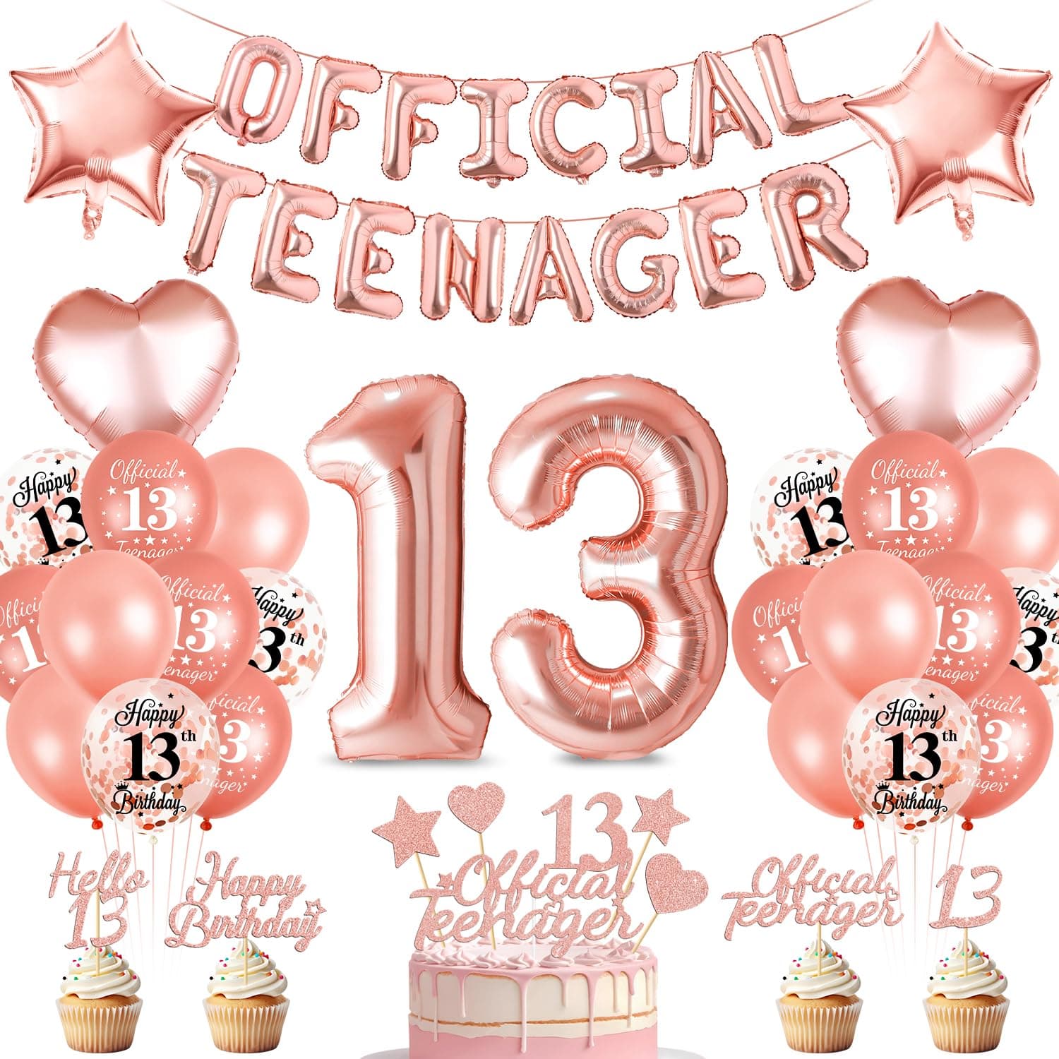 Offizielle Teenager 13. Geburtstag Dekorationen für Mädchen 🎈🎉 - Luftballons, Happy Birthday Folienballons, Rosegold Schärpe Roségold