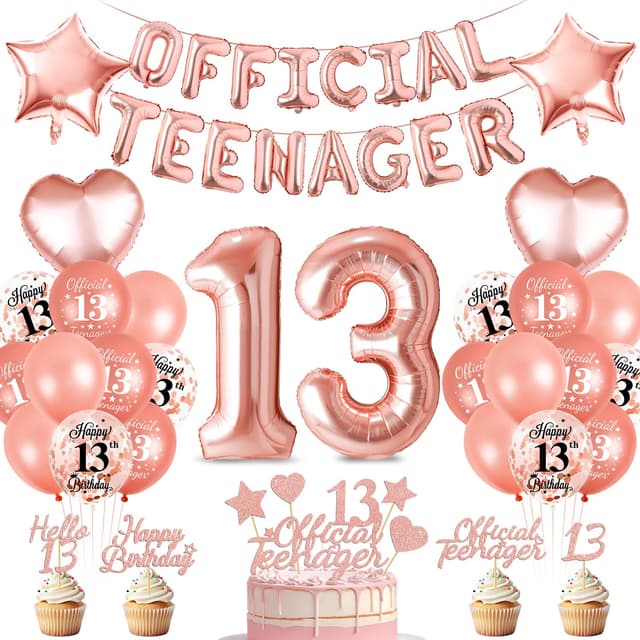 Offizielle Teenager 13. Geburtstag Dekorationen für Mädchen 🎈🎉 - Luftballons, Happy Birthday Folienballons, Rosegold Schärpe Roségold