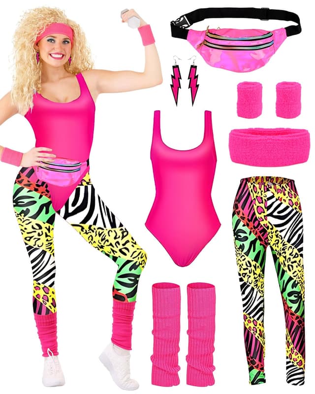 BIQIQI 80er Jahre Outfit Damen Set Retro Trainingsanzug Kostüm 🌟 80s 90s Kleidung 🌈 Kostüm Accessoires Clothes Trikot, Leggings, Stirnband, Armbänder, Beinwärmer, Ohrringe, Gürteltasche Rot M
