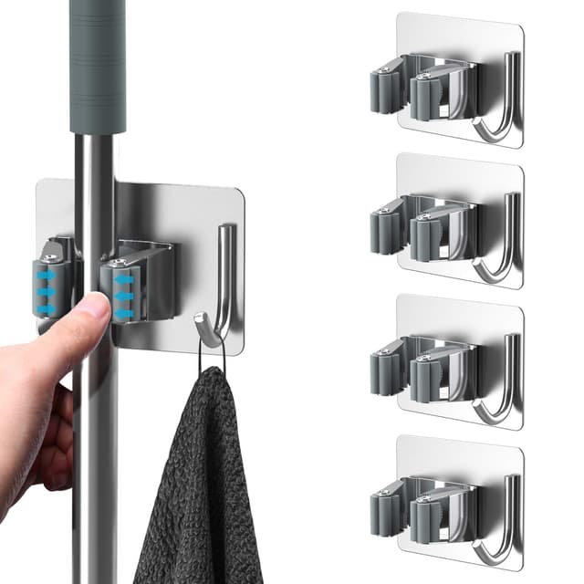 homeasy Besenhalterung Wand 4 Stück Selbstklebend Edelstahl Mop Halter mit Haken