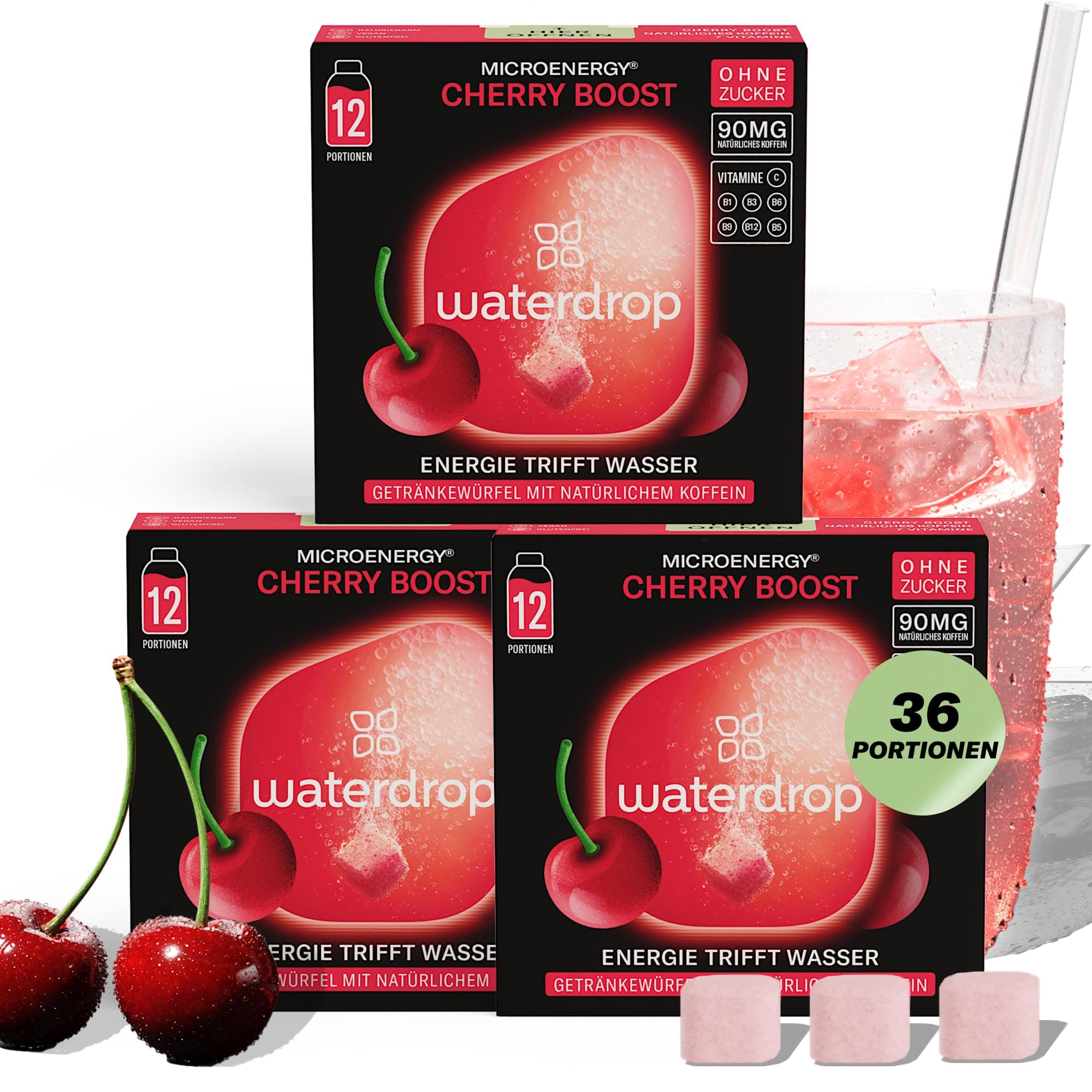 🍒 waterdrop® Microenergy CHERRY BOOST SET - 36 Würfel mit natürlichem Koffein 90mg