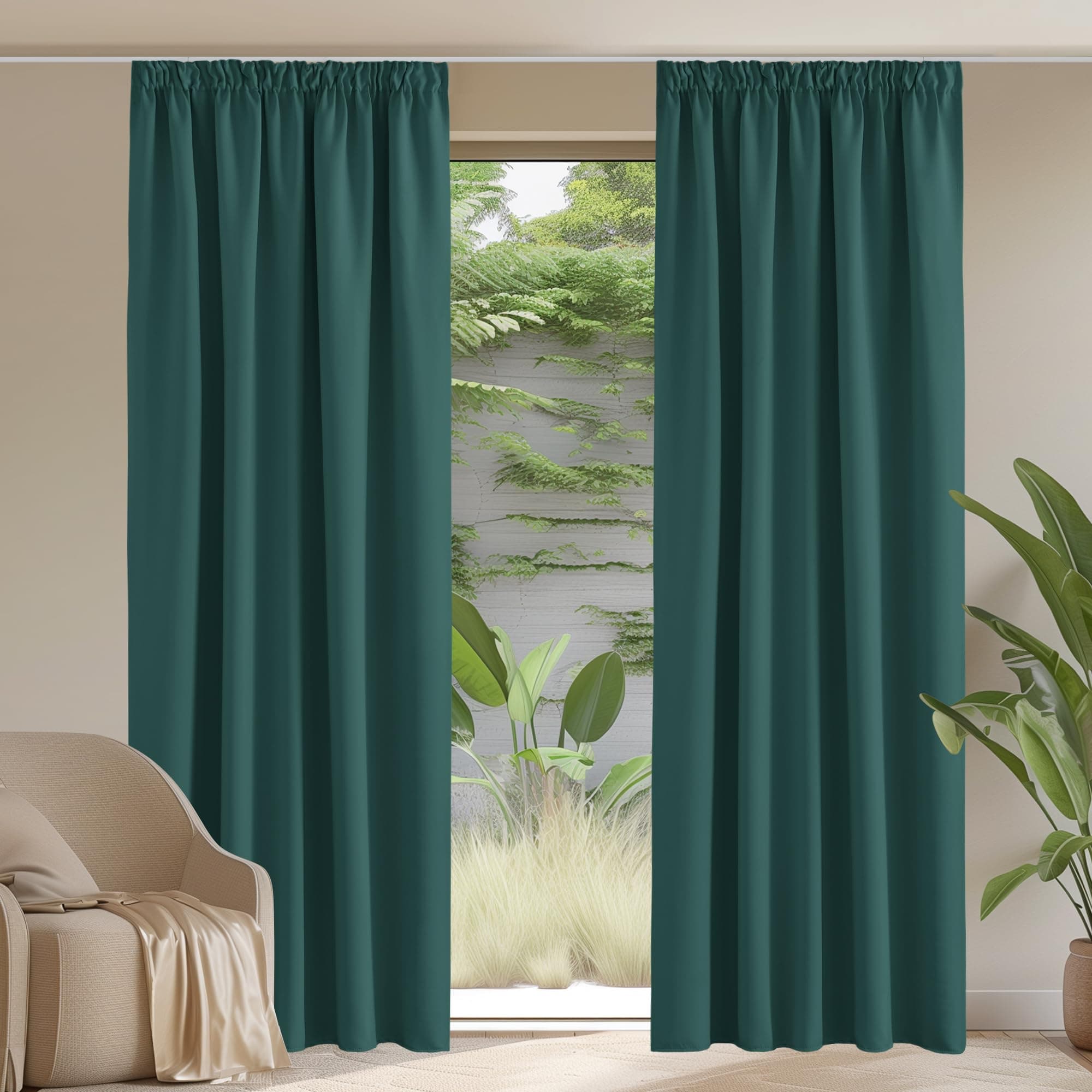 🌟 2er Set Verdunkelungsvorhang mit Kräuselband - Dunkelgrün H260 x B140 cm