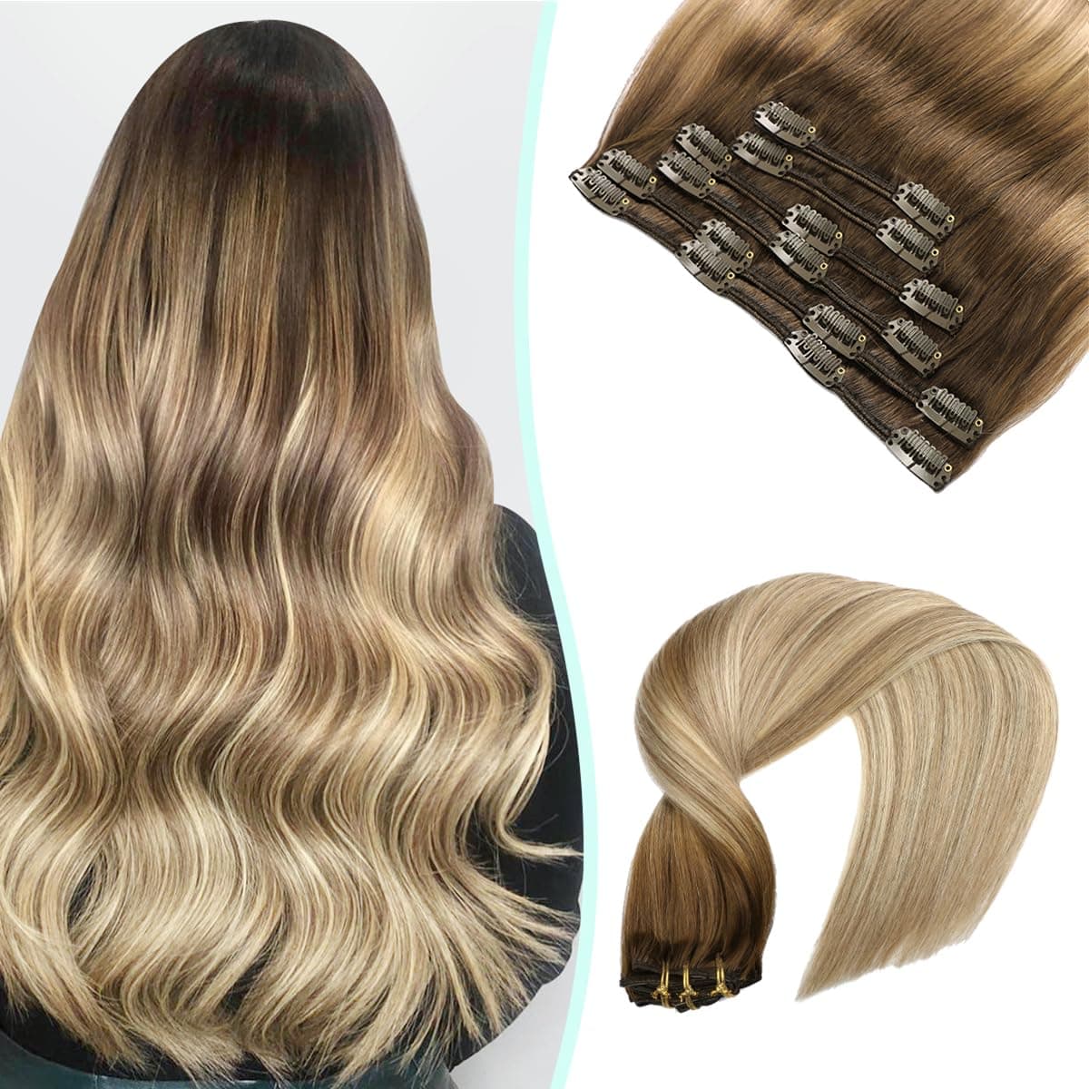 VINBAO Clip in Extensions Echthaar Blond Haarverlängerung Echthaar Braun bis Hellbraun mit Mittelblond Haarverlängerung Echthaar Clip in Glatt 22 Zoll 6Stück 120g