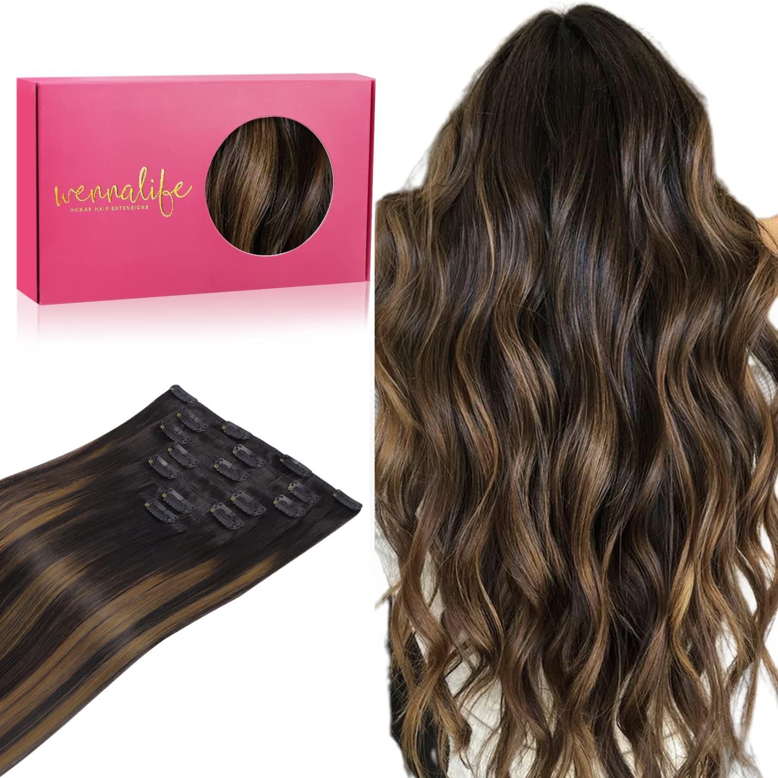 WENNALIFE Clip in Extensions Echthaar, 50cm 20 Zoll 120g 7pcs Balayage Natürliches Schwarz bis Chestnut Braun
