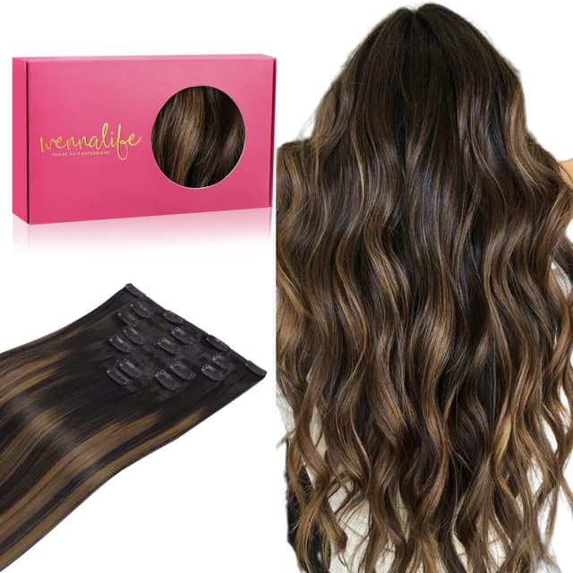 WENNALIFE Clip in Extensions Echthaar, 50cm 20 Zoll 120g 7pcs Balayage Natürliches Schwarz bis Chestnut Braun