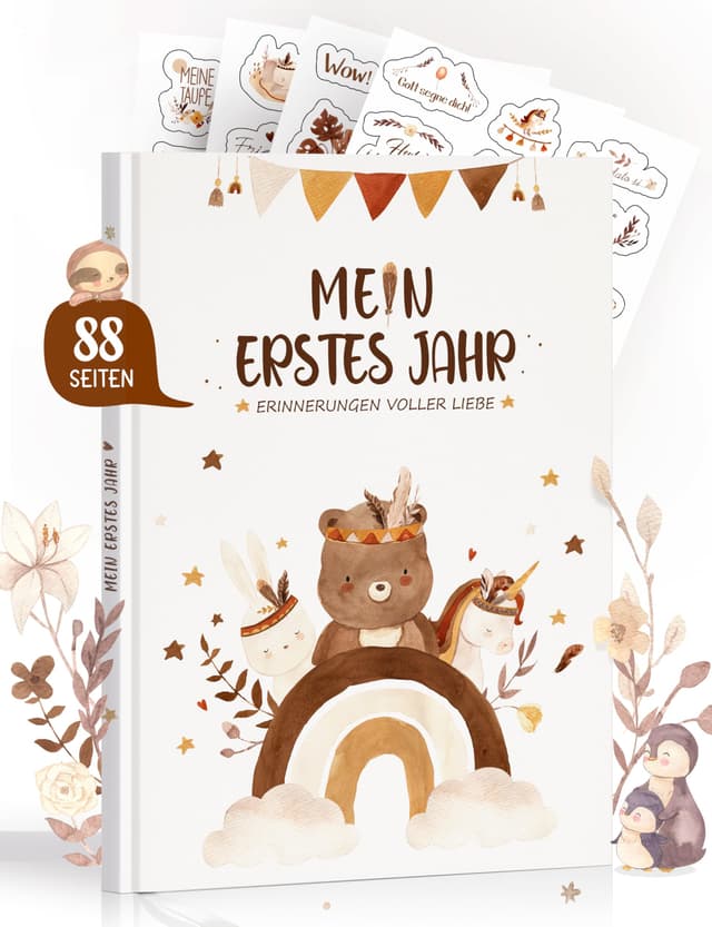 Mein Erstes Jahr Babyalbum (Boho) - Babytagebuch mit Stickern 🌿🌈