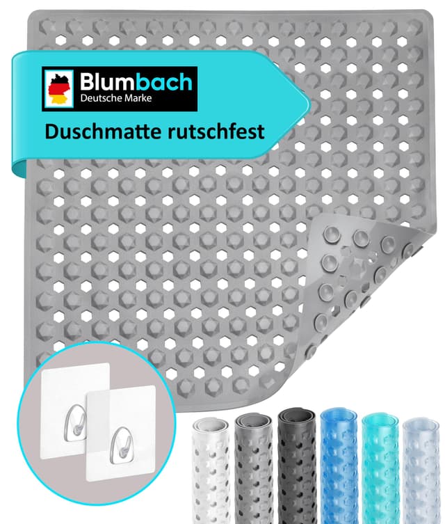 Blumbach® Duschmatte rutschfest 53x53cm - 100% BPA-frei - Inkl. 2 Haken zum Aufhängen - griffige Antirutschmatte Dusche & Badewanne, Duscheinlage, Rutschmatte schimmelresistent & maschinenwaschbar Grau