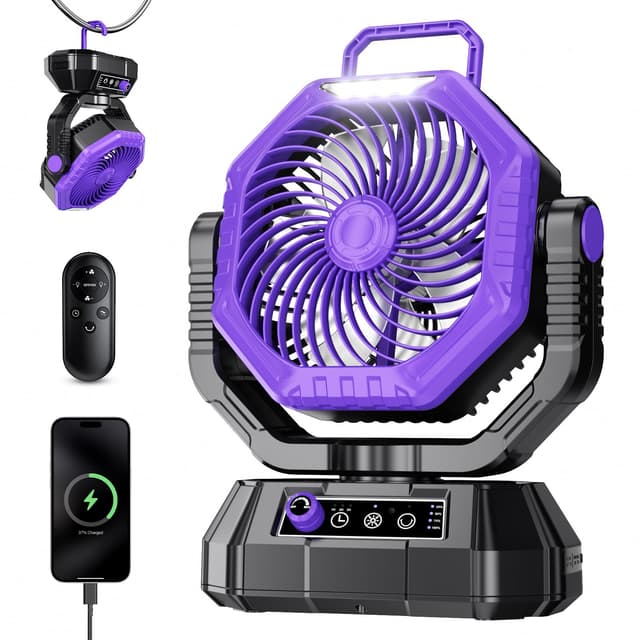 AJVV Camping Ventilator mit Akku 20000mAh, Tischventilator mit Haken/Powerbank, Stufenlose Geschwindigkeit - Lila 🏕️