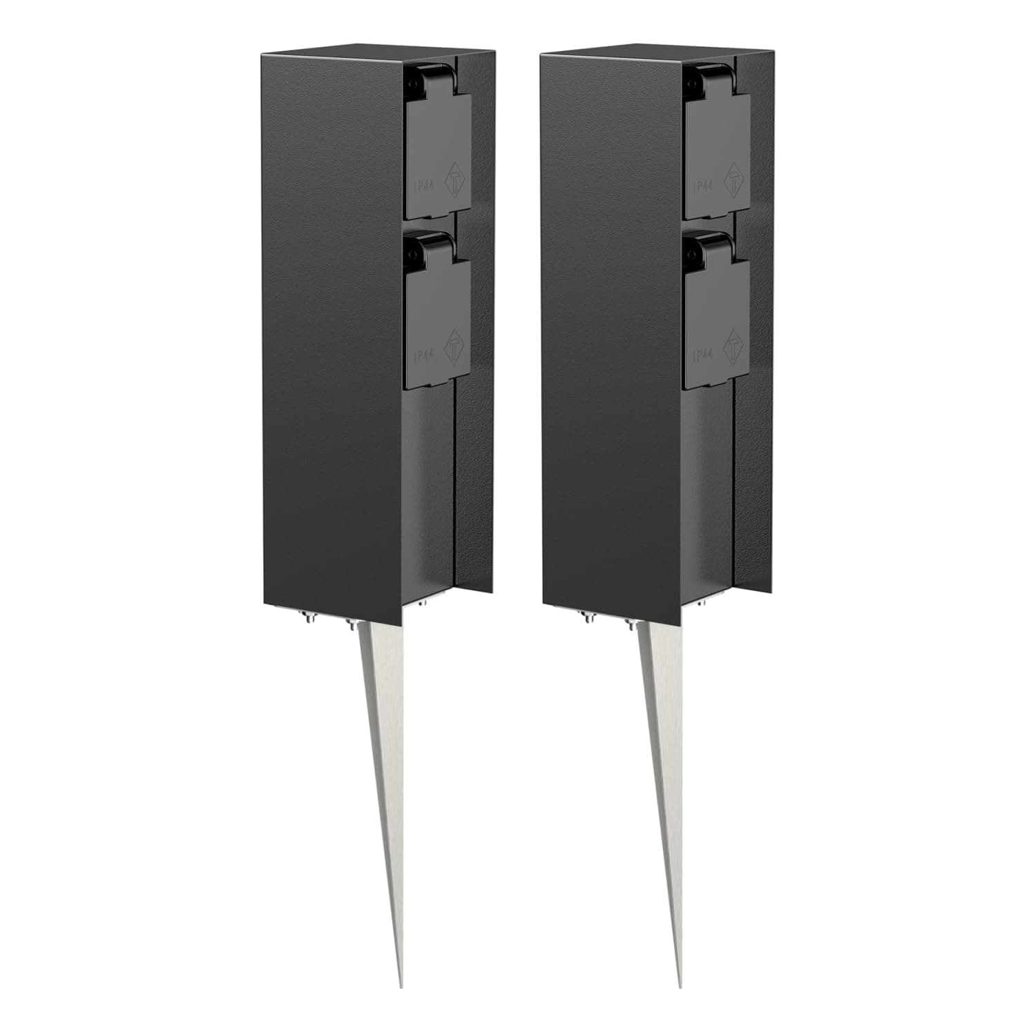 🌿🔌 LEDscom.de 2 Stück Garten-Steckdosen-Säule POMI mit Erdspieß für außen, IP44, 2-Fach, schwarz, eckig, 23cm 2 Stück (1er Pack) Schwarz