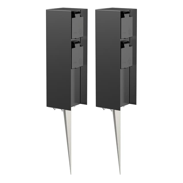 🌿🔌 LEDscom.de 2 Stück Garten-Steckdosen-Säule POMI mit Erdspieß für außen, IP44, 2-Fach, schwarz, eckig, 23cm 2 Stück (1er Pack) Schwarz