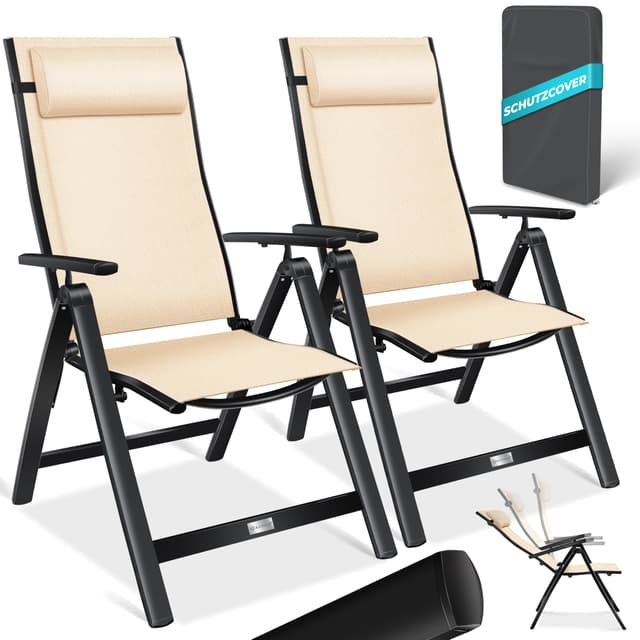 🌞🪑 KESSER® Gartenstuhl Hochlehner 2er Set mit Armlehnen & Kopfkissen - Beige