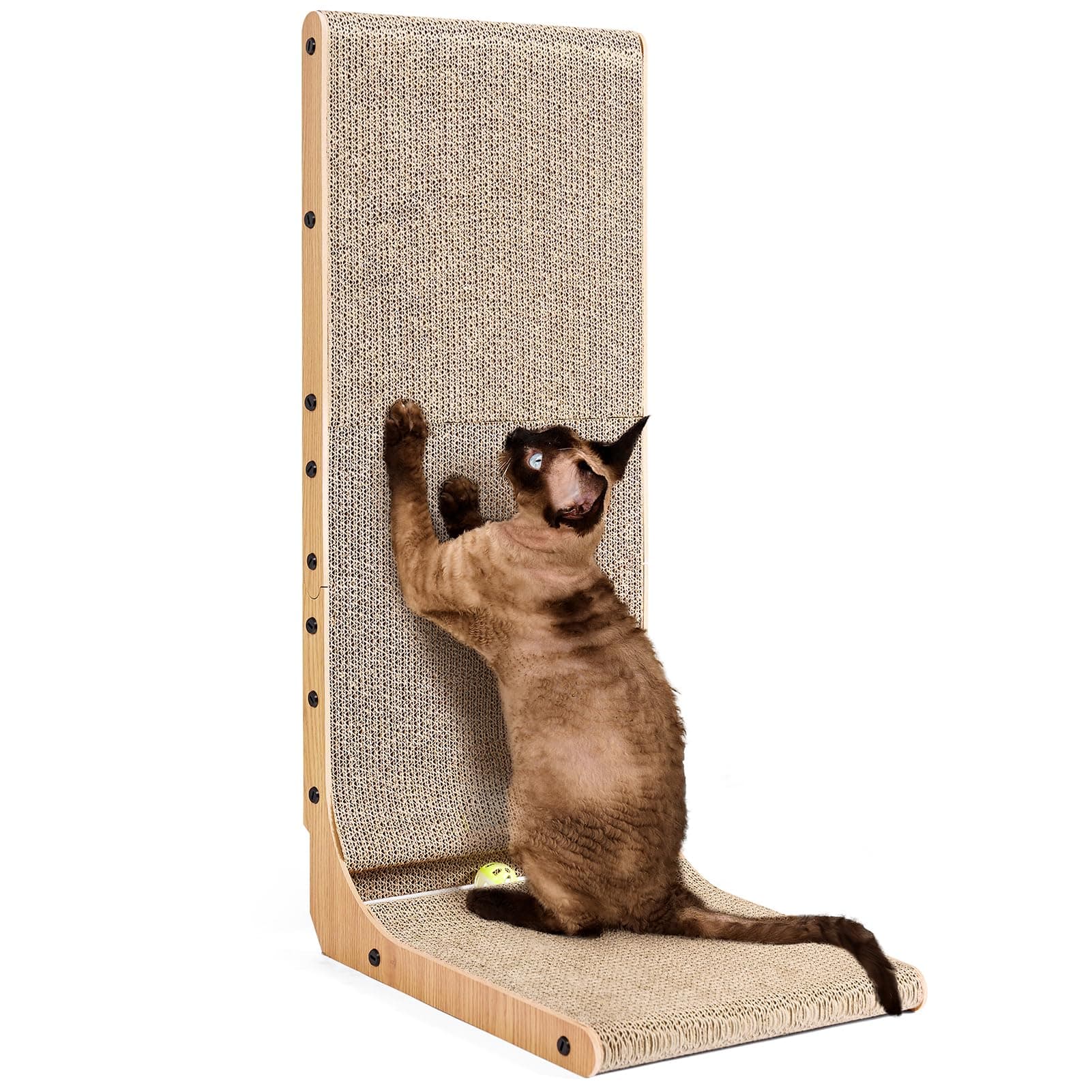 😺🐾 EHEYCIGA Kratzbrett Katze, L-Form, 81 cm - Hochdichtes Verschleißfestes Kratzmöbel mit Katzenspielzeug