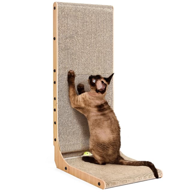 😺🐾 EHEYCIGA Kratzbrett Katze, L-Form, 81 cm - Hochdichtes Verschleißfestes Kratzmöbel mit Katzenspielzeug