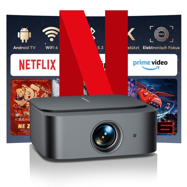 Beamer 4K mit Netflix & Smart Android TV | 25000 Lumen | Heimkino Unterstützt