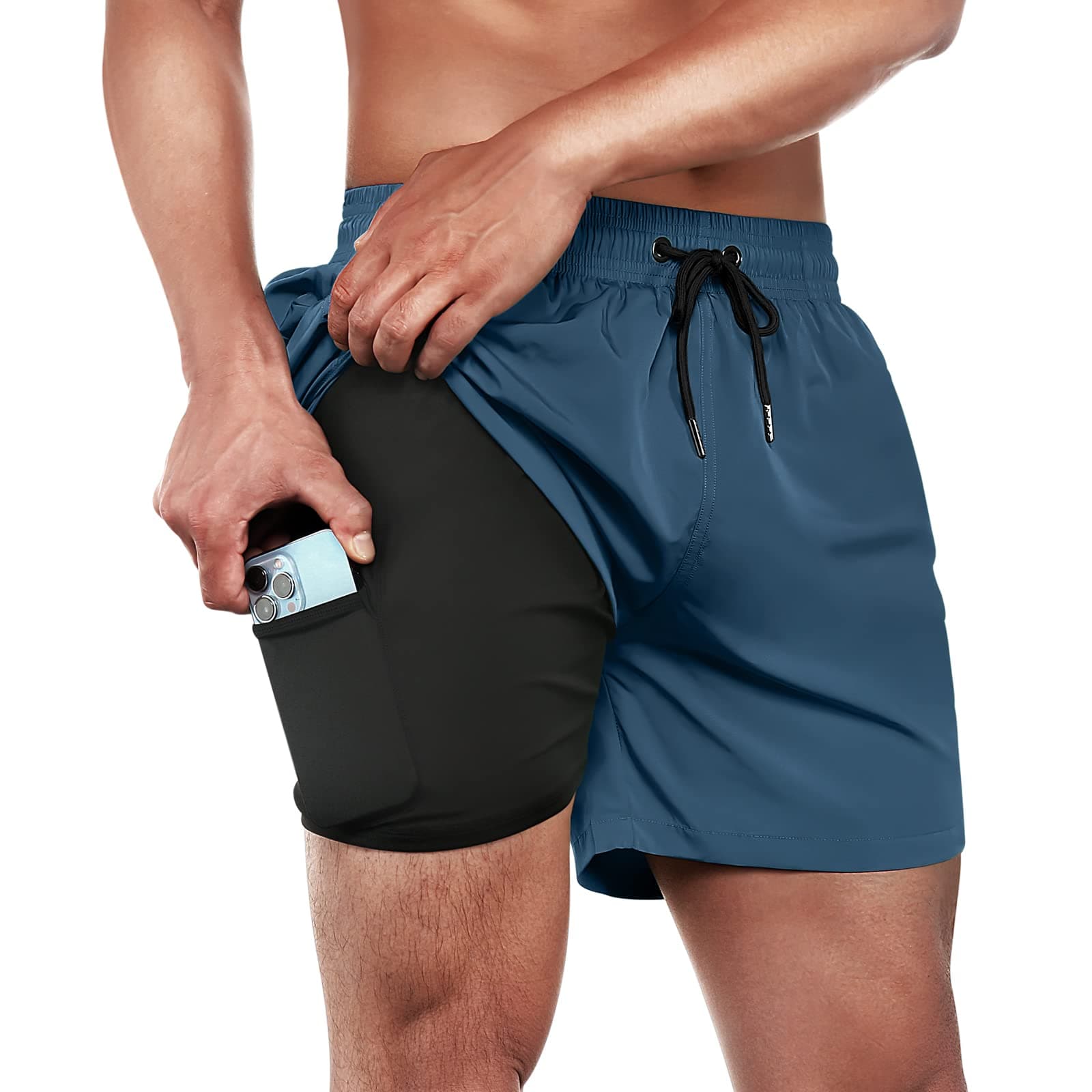🩳 Ineepor Badehose Herren mit Kompression Badehose mit Innnehose Board Shorts 2 in 1 Reißverschlusstasche kurz Badehose L Copenblau