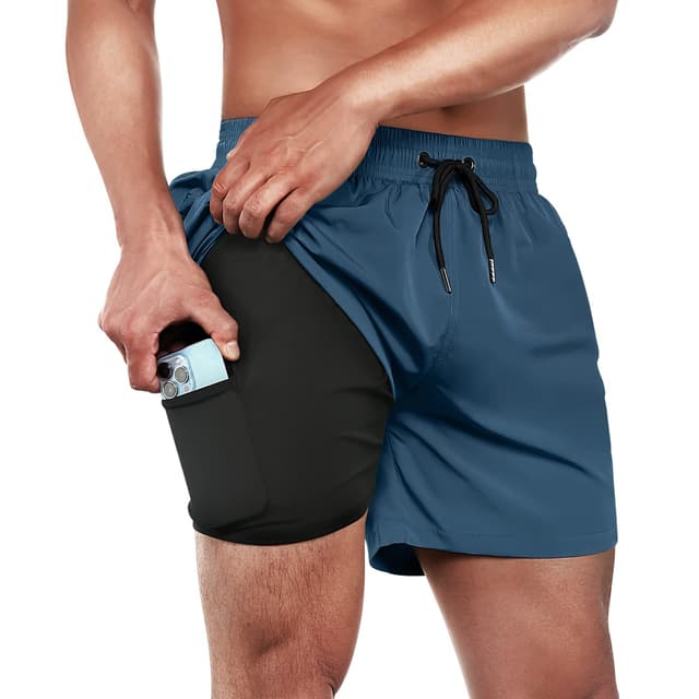 🩳 Ineepor Badehose Herren mit Kompression Badehose mit Innnehose Board Shorts 2 in 1 Reißverschlusstasche kurz Badehose L Copenblau
