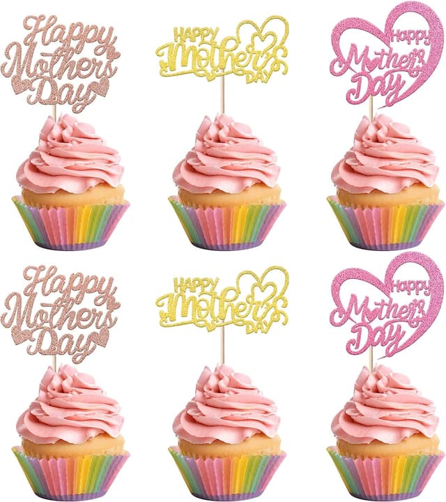 🎉 24 Stück Happy Mother's Day Tortendeko 🍰 Glitzer Herz Cake Toppers 🎂 Kuchen Deko Cupcke Toppers für Glücklicher Muttertag Thema Frauen Geburtstag Party Supplies Buntes Style1-buntes