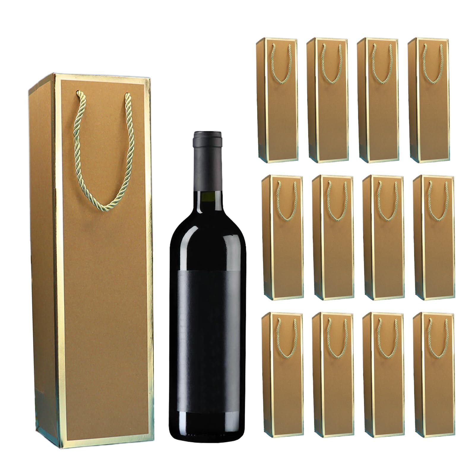🍷🎁 12 Stück Kraft-Wein-Geschenktüte mit Goldrand - Braun