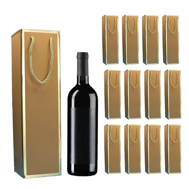 🍷🎁 12 Stück Kraft-Wein-Geschenktüte mit Goldrand - Braun