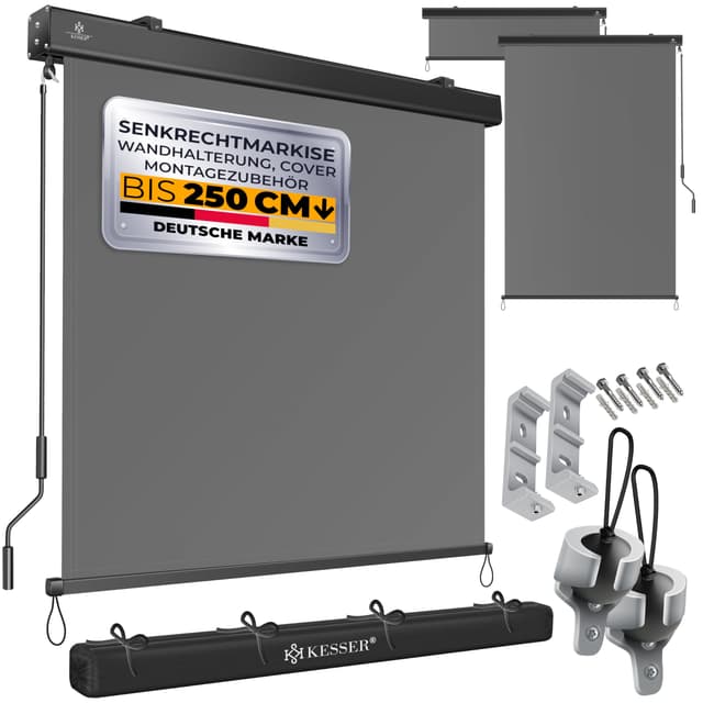 KESSER® Senkrechtmarkise 200x250cm Außenrollo 🌞 Balkonrollo Sonnen-und Sichtschutz mit Kurbel Grau
