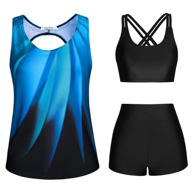 👙 JASAMBAC 3-teiliger Tankini Damen Bauchweg, Push-up-Bikinioberteil und High Waist Badeshorts 🌊 Schwarz Blau 3XL