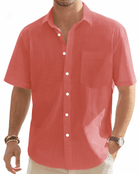 👔 J.VER Leinenhemd Herren Hemd Kurzarm Leinenshirt Freizeithemd Businesshemd Sommer Casual Regular Fit Shirt Koralle XXL 👕