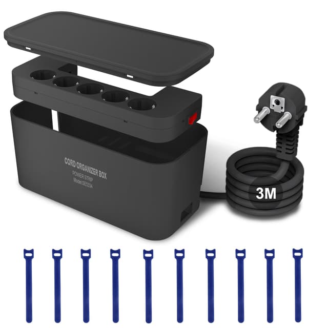 Kabelbox mit Steckdosenleiste USB - 5-fach Mehrfachsteckdose mit 3 USB-Anschlüssen 🌟