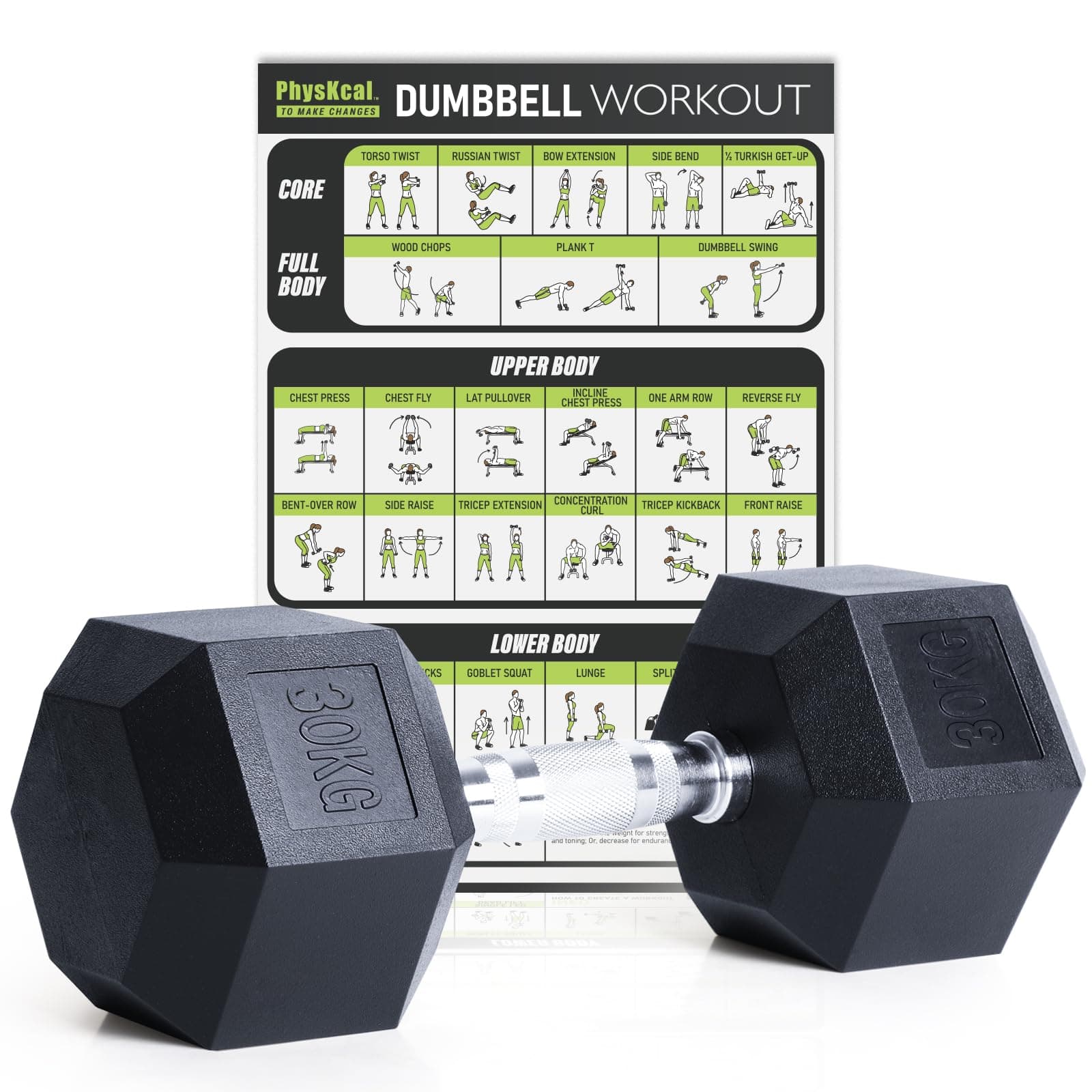 PhysKcal Hexagon Hanteln Poly-Gummierte | Dumbbells Set 1 x 30 kg | 2,5-20 kg | 🏋️‍♂️🔥