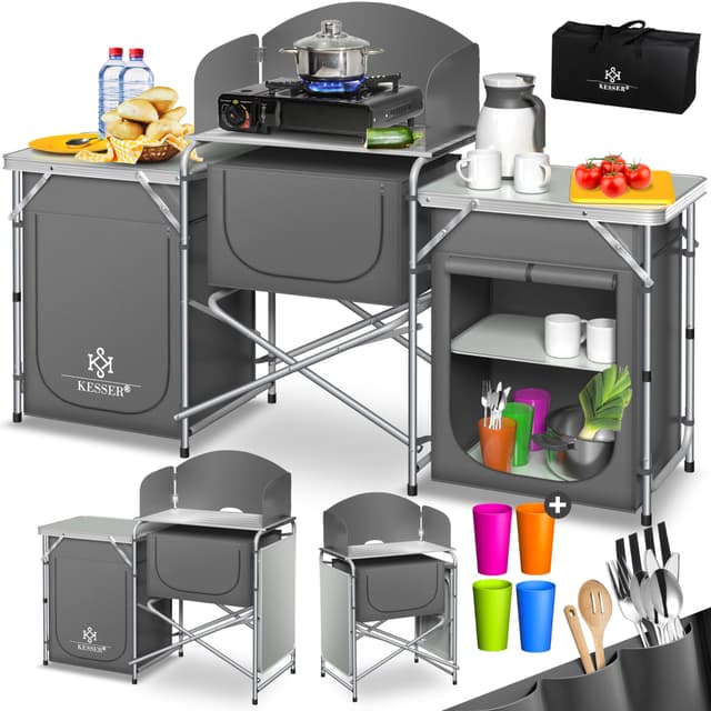 🏕️ KESSER® Campingküche | Inkl. Tragetasche & Becherset | Campingschrank Faltschrank