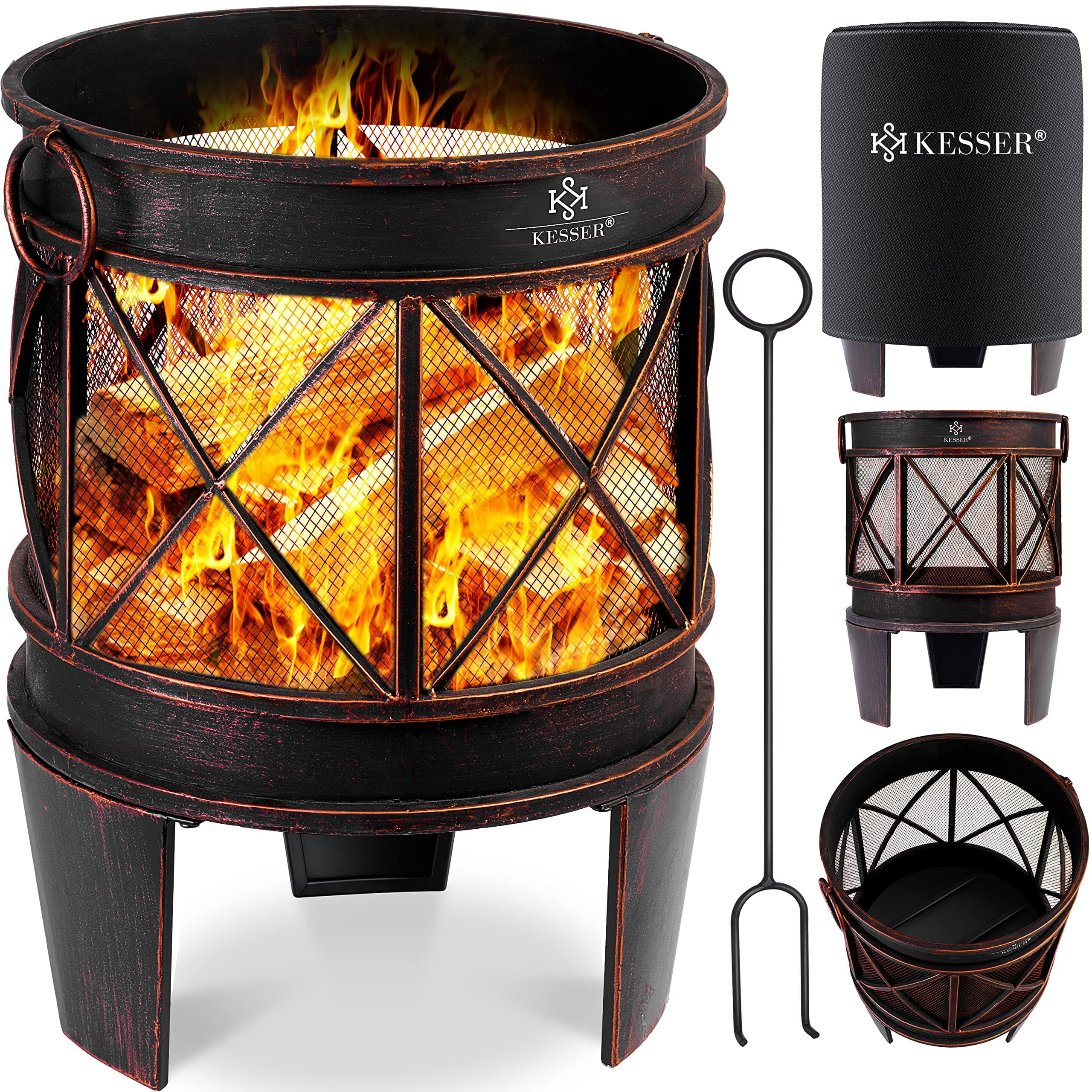 🔥 KESSER® Feuerschale Inkl. Abdeckung Feuerkorb mit Funkenschutz & Griffen + Schürhaken 🌳 Multifunktional Fire Pit Heizung BBQ braun 🛡️