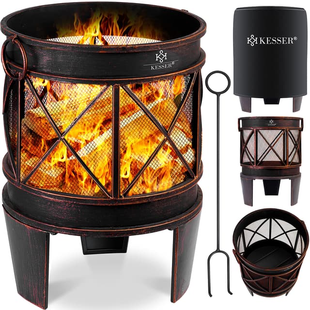🔥 KESSER® Feuerschale Inkl. Abdeckung Feuerkorb mit Funkenschutz & Griffen + Schürhaken 🌳 Multifunktional Fire Pit Heizung BBQ braun 🛡️