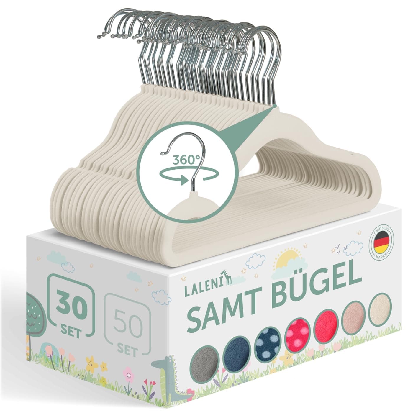 🌈 Laleni Kinderkleiderbügel 30 Stück Mit Samtbezug - Platzsparend, 360° Drehbar, Rutschfest - Elfenbein 30 Stück Elfenbein