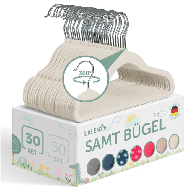 🌈 Laleni Kinderkleiderbügel 30 Stück Mit Samtbezug - Platzsparend, 360° Drehbar, Rutschfest - Elfenbein 30 Stück Elfenbein