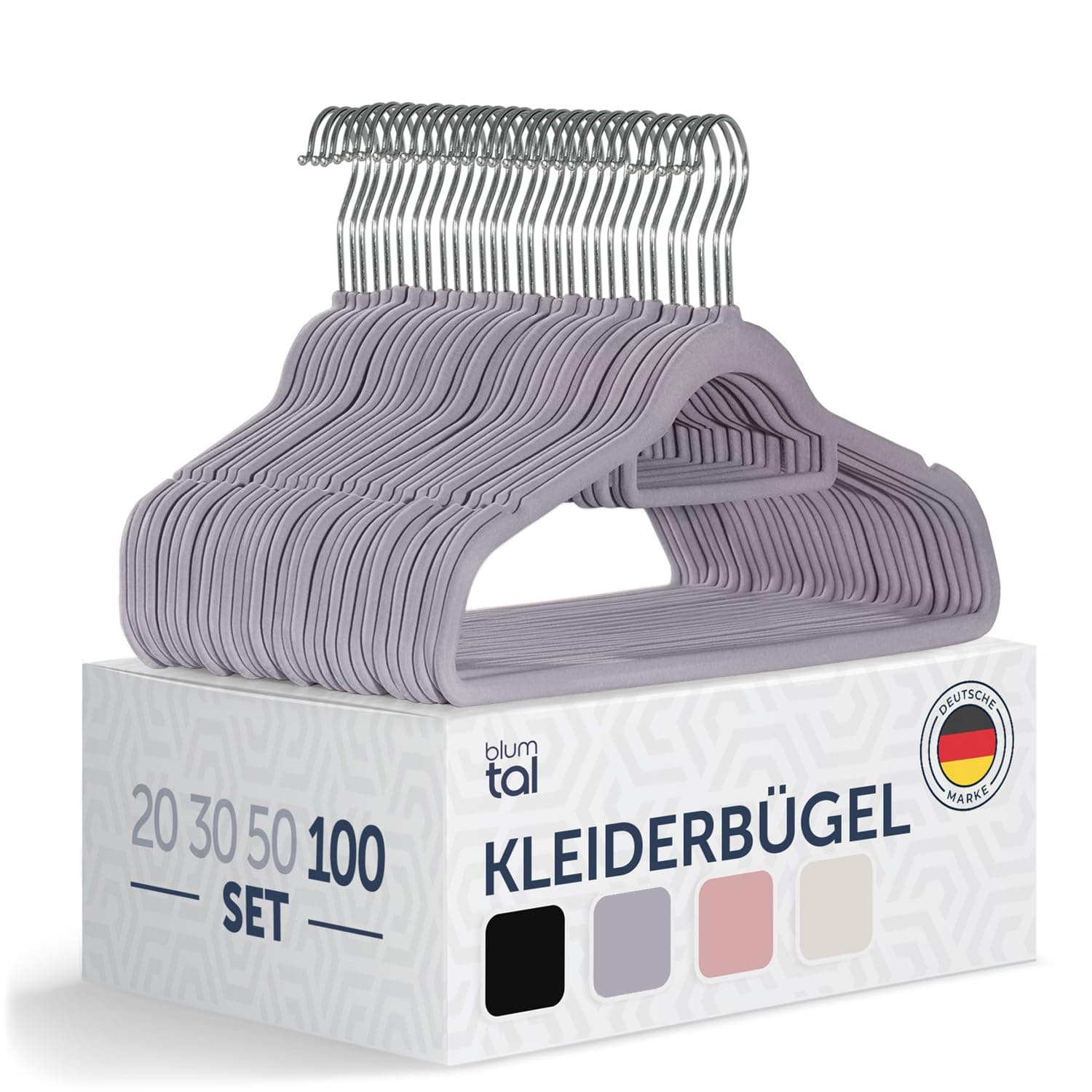 👔👗 Blumtal Kleiderbügel 100 Stück - Samt 360° drehbar und belastbar - Platzsparend und rutschfest - Grau mit Samtbezug - Samtbügel - Kleiderbügel Samt Grau - Bügel 100 Stück Grau