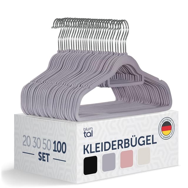 👔👗 Blumtal Kleiderbügel 100 Stück - Samt 360° drehbar und belastbar - Platzsparend und rutschfest - Grau mit Samtbezug - Samtbügel - Kleiderbügel Samt Grau - Bügel 100 Stück Grau