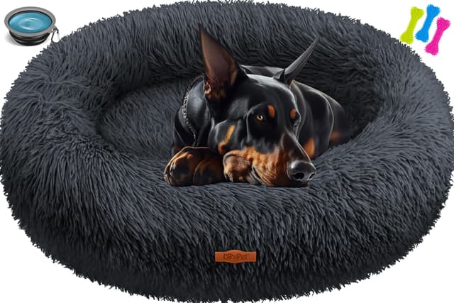 🐶🛏️ Lovpet® Hundebett Hundekissen Katzenbett Bagel, Waschbar, Inkl. Napf + 3X Kauknochen, Hundesofa flauschig Kissen Rund aus Plüsch