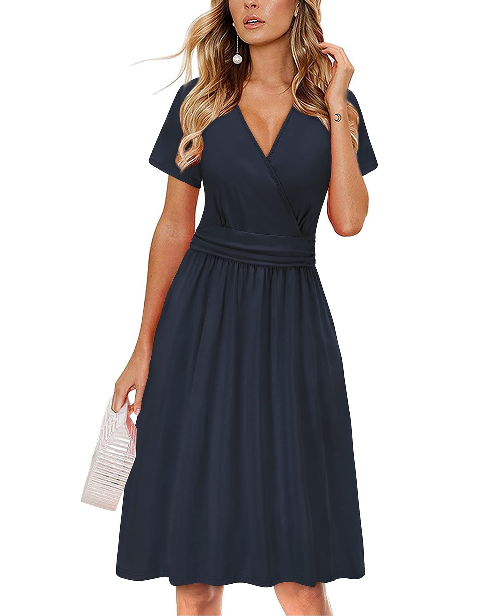 OUGES Kleid Damen Kurzarm/Langarm Winterkleid V-Ausschnitt Casual Midi Freizeitkleid mit Taschen M Marine 🌸👗