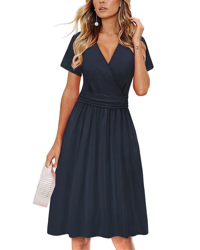 OUGES Kleid Damen Kurzarm/Langarm Winterkleid V-Ausschnitt Casual Midi Freizeitkleid mit Taschen M Marine 🌸👗