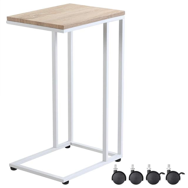 Casaria® Beistelltisch Holz Couch Weiß 40kg Belastbarkeit 70cm Hoch 50x35cm Tisch Klein mit Rollen Laptop Kaffeetisch C Form Wohnzimmer Nachttisch Gestell aus Metall Weiß/Eiche 🛋️