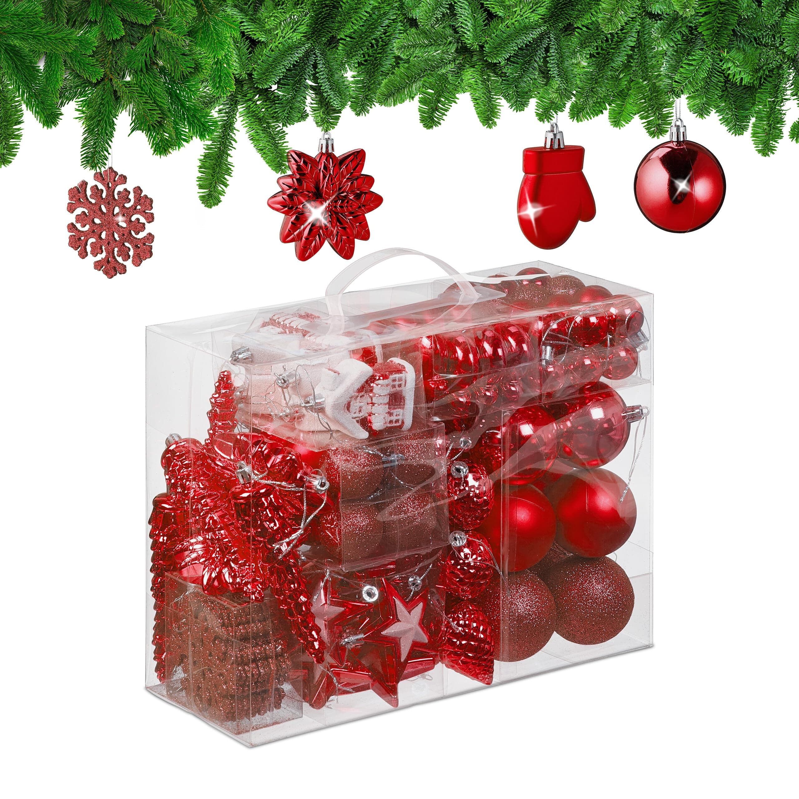 🎄💫 XXL Set: Weihnachtskugeln 100er Set in Rot - Glitzernd, Matt & Glänzend