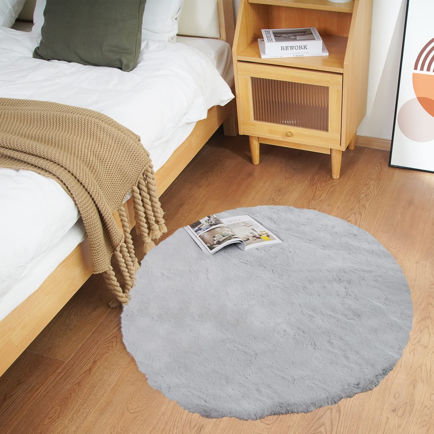 🏡 Ghouse Teppich Rund 90x90 cm Grau Flauschig Weich Wohnzimmer Schlafzimmer Dekoration 🌟